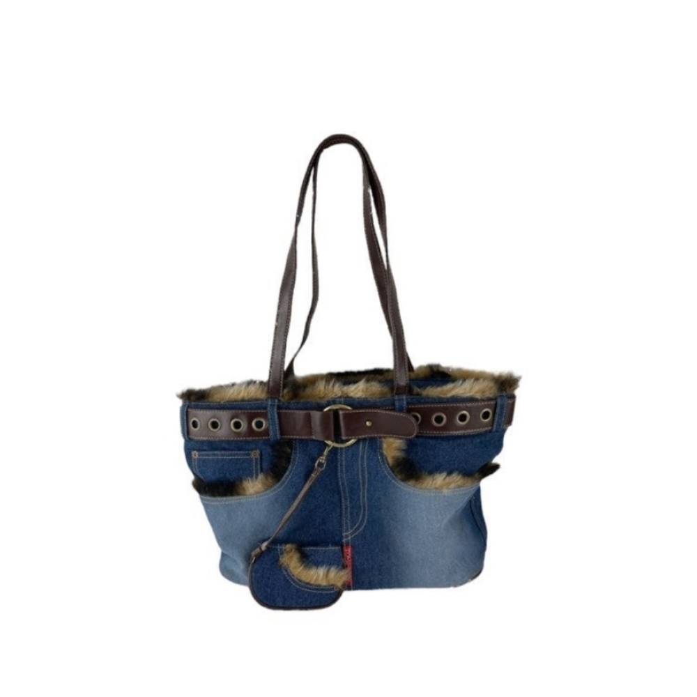 Hot Kiss Y2K Denim Jean Shoulder Bag Purse With Fur Trim